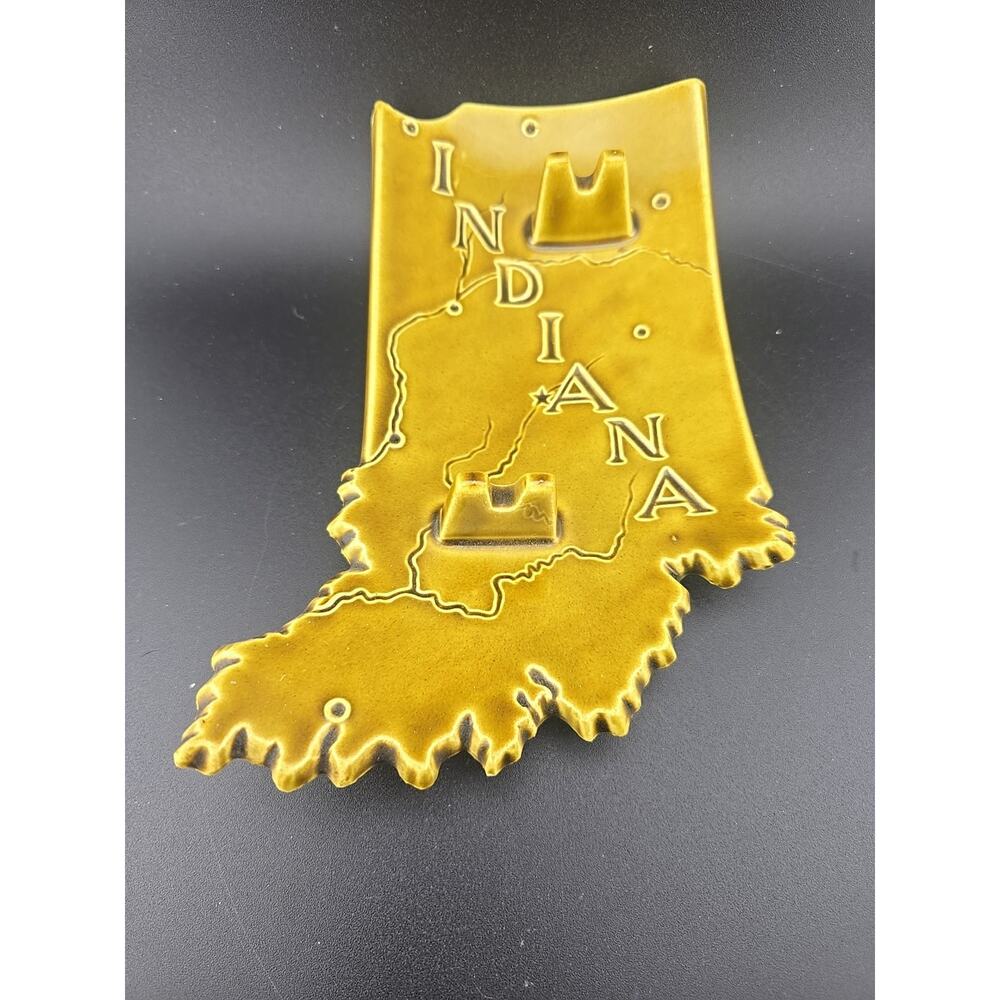 Vintage Indiana State Shaped Ceramic Ashtray Cities on Bottom Green Made in USA